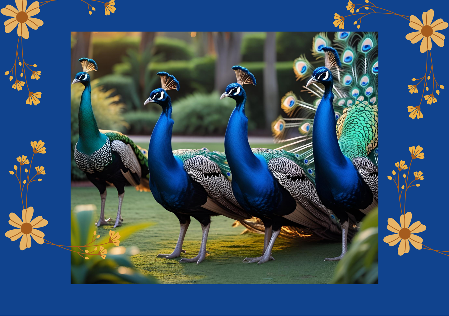Four peacocks with vibrant blue and green feathers on a blue background with floral decorations.
