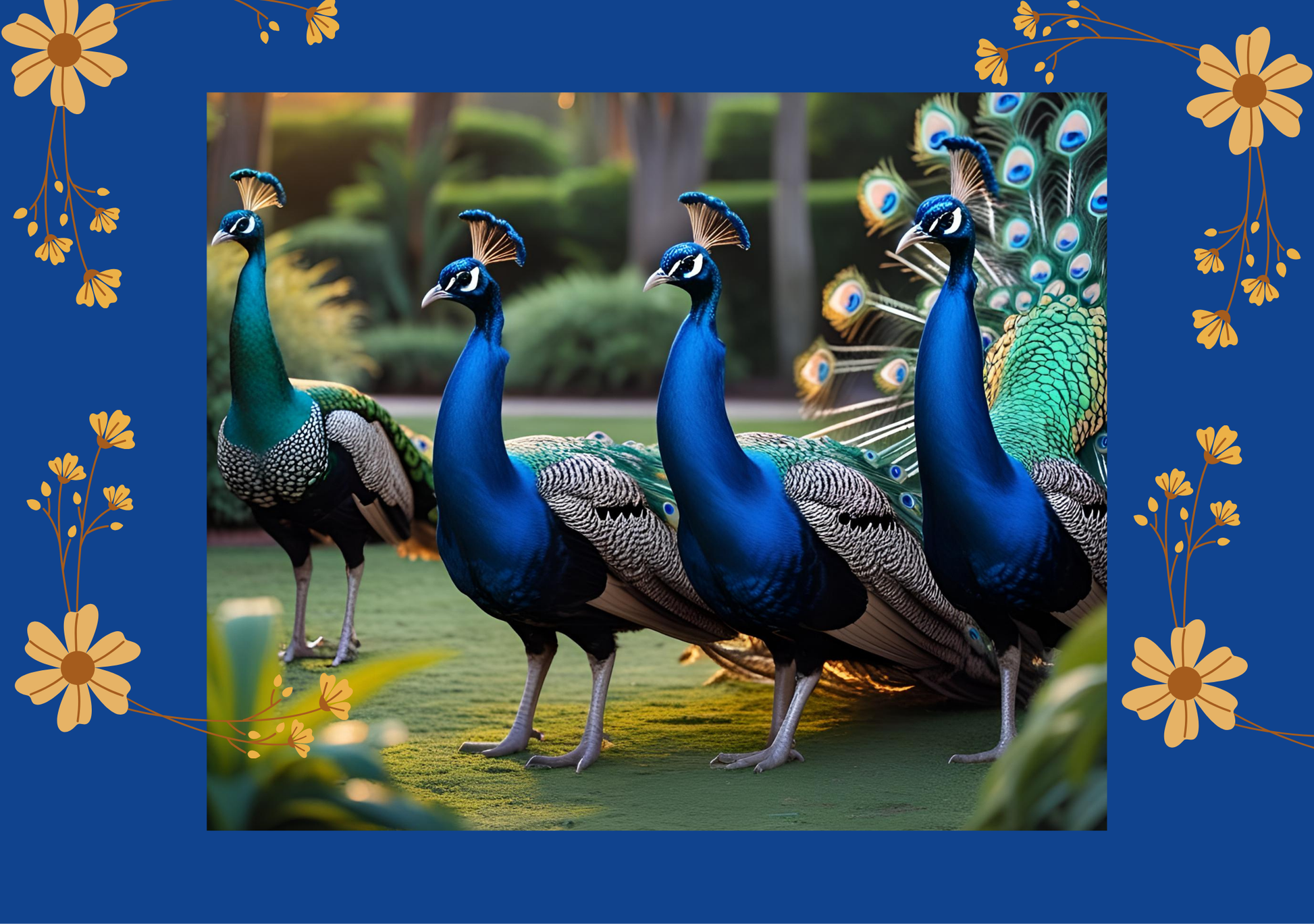 Four peacocks with vibrant blue and green feathers on a blue background with floral decorations.