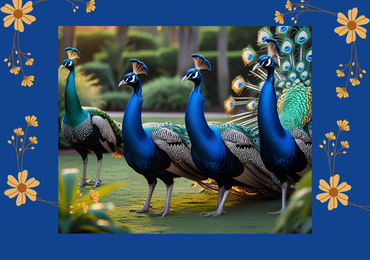 Four peacocks with vibrant blue and green feathers on a blue background with floral decorations.